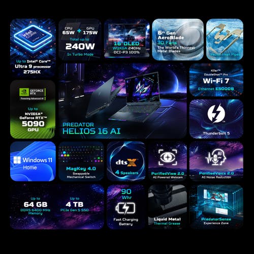 Acer Predator Helios 16 AI, Intel Core Ultra 9 Processor ,32GB RAM DDR5/2TB SSD, RTX 5090-24 GB GDDR7, 16.0" WQXGA OLED, 240Hz Refresh Rate, Windows11 Home, Abyssal Black, 2.65 kg, PH16-73, Per Key RGB Backlight Keyboard