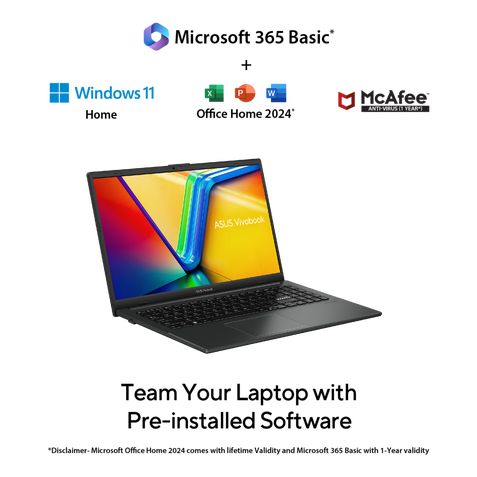 ASUS Vivobook Go 15, Student Laptop, AMD Ryzen 5 7520U (16GB/512GB/AMD Radeon Graphics/39.62 cms (15.6) FHD/Windows 11 Home/Office Home 2024 + M365 Basic (1 Year Validity) E1504FA-BQ2341WS