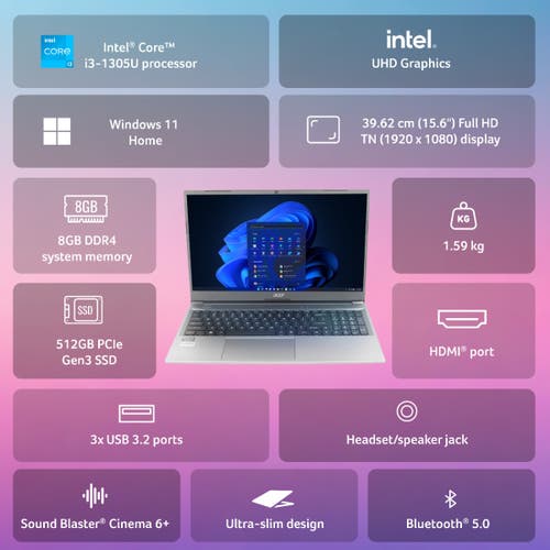 ACER ASPIRE LITE 13TH GEN INTEL CORE I3-1305U PROCESSOR LAPTOP (WINDOWS 11 HOME/ 8 GB RAM/ 512 GB SSD/INTEL GRAPHICS/MICROSOFT OFFICE) AL15-53 WITH 39.6 CM (15.6 INCH) FULL HD DISPLAY, STEEL GRAY, 1.59 KG UN.34ESI.005