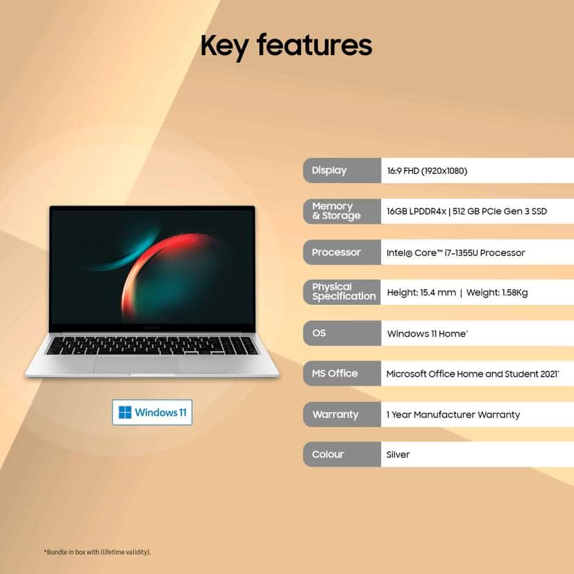 SAMSUNG GALAXY BOOK3 INTEL CORE I7 13TH GEN 1355U - (16 GB/512 GB SSD/WINDOWS 11 HOME) GALAXY BOOK3 THIN AND LIGHT LAPTOP (15.6 INCH, SILVER, 1.58 KG, WITH MS OFFICE)