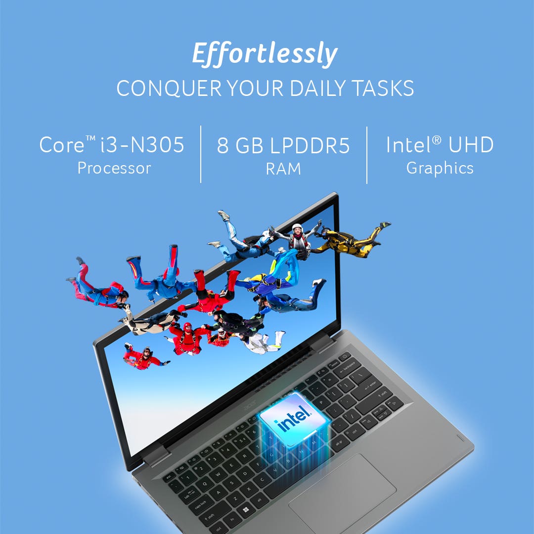 ACER INTEL CORE I3 N305- (8 GB/512 GB SSD/WINDOWS 11 HOME) A3SP14-31PT 2 IN 1 LAPTOP (14 INCH, PURE SILVER) UN.KENSI.003