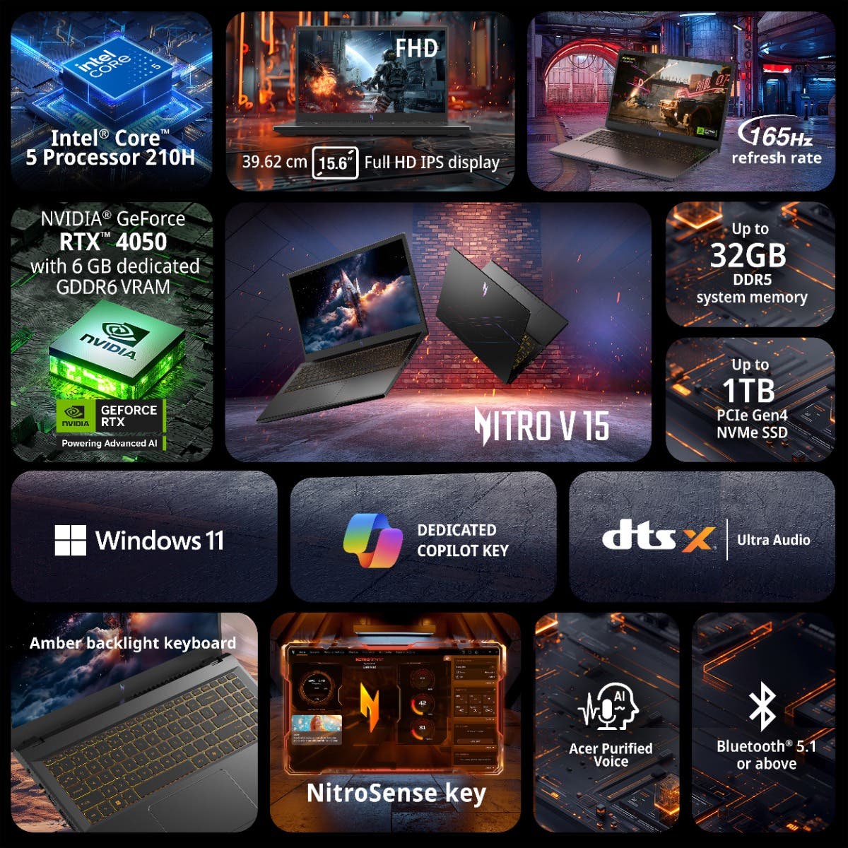 ACER NITRO V 15, GAMING LAPTOP, INTEL CORE 5 210H PROCESSOR, NVIDIA GEFORCE RTX 4050 - 6 GB OF GDDR6, 16 GB RAM, 512 GB SSD, FULL HD IPS, 15.6"/39.62 CM, 165 HZ, WINDOWS 11 HOME, OBSIDIAN BLACK, 2.113 KG, ANV15-52, AMBER BACKLIGHT KEYBOARD NH.QUASI.002