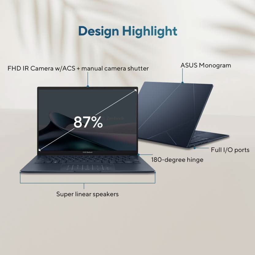 ASUS ZENBOOK 14 OLED (2025) WITH OFFICE 2024 + M365 BASIC*, AI PC INTEL CORE ULTRA 7 255H - (32 GB/1 TB SSD/WINDOWS 11 HOME) UX3405CA-PZ163WS THIN AND LIGHT LAPTOP (14 INCH, PONDER BLUE, 1.28 KG, WITH MS OFFICE)