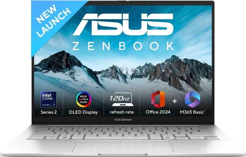 ASUS ZENBOOK 14 OLED (2025) WITH OFFICE 2024 + M365 BASIC*, AI PC INTEL CORE ULTRA 7 255H - (32 GB/1 TB SSD/WINDOWS 11 HOME) UX3405CA-PZ348WS THIN AND LIGHT LAPTOP (14 INCH, FOGGY SILVER, 1.28 KG, WITH MS OFFICE)