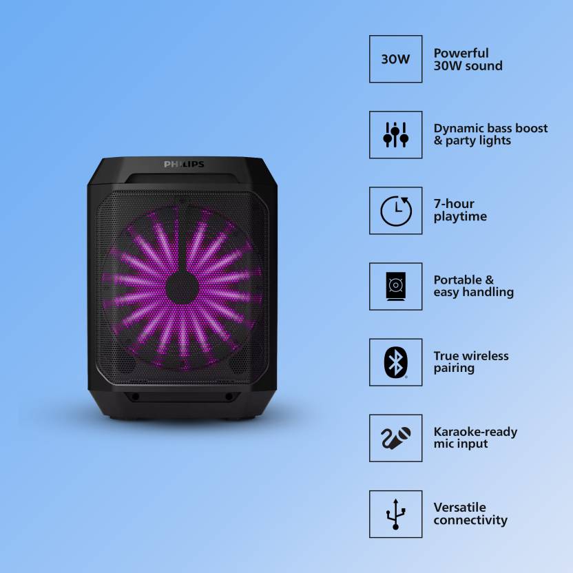 PHILIPS DYNAMIC BASS BOOST, 3000MAH BATTERY, AUX-IN, KARAOKE MICROPHONE INPUT 30 W BLUETOOTH PARTY SPEAKER (BLACK, MONO CHANNEL)