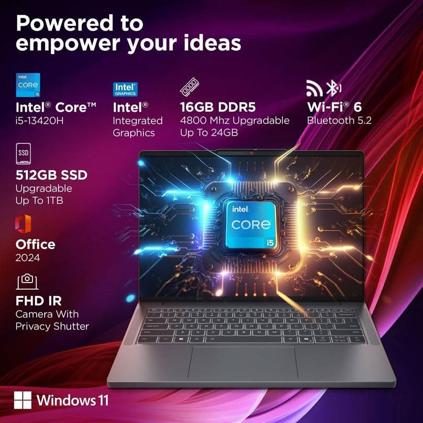 Lenovo IdeaPad Slim 3, 13th Gen Intel Core i5-13420H, 16GB, 512GB SSD, Intel Integrated UHD, 14 Inch WUXGA, Win 11 Home, MS Office 2024, Luna Grey, 83K000B8IN