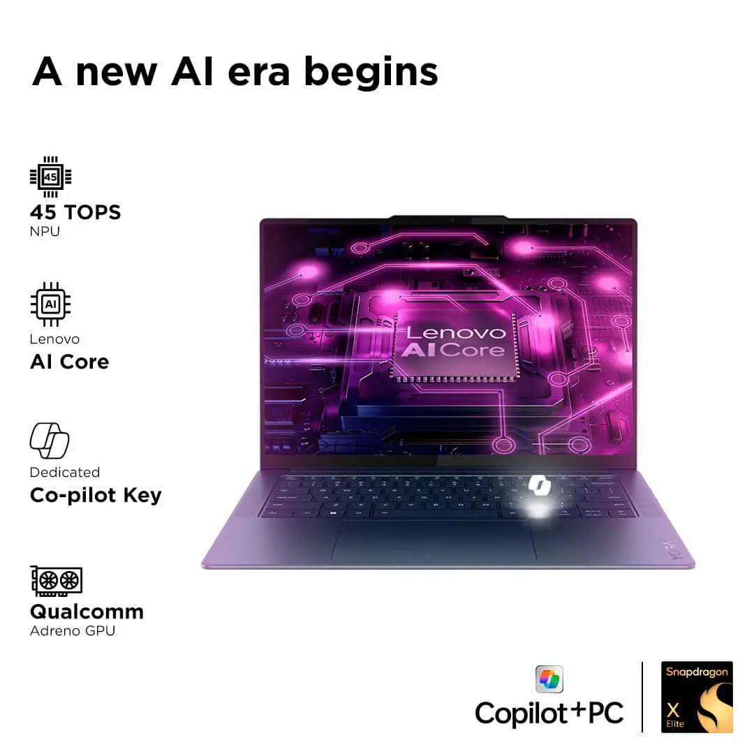 LENOVO YOGA SLIM 7 SNAPDRAGON X ELITE X1E BUILT IN-AI WITH COPILOT+ 14"(35.5CM) 3K OLED 500NITS TOUCHSCREEN LAPTOP (32GB/1TB SSD/90HZ/QUALCOMM NPU 45TOPS/WIN11/MSO/1YR ADP FREE/GREY/1.4KG), 83ED003BIN