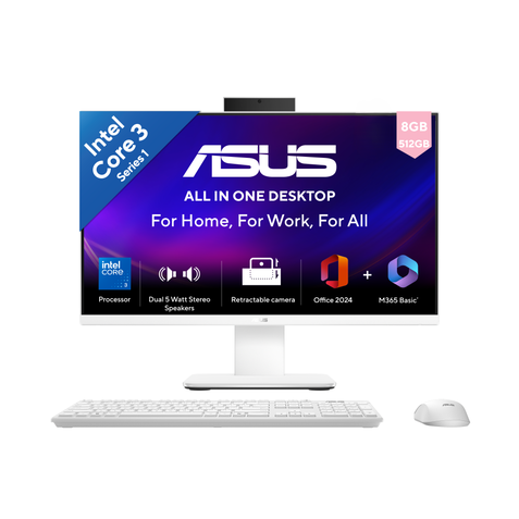 ASUS AIO, All In One PC, Intel Core 3 100U (8GB, 512GB, Intel Graphics, 60.45 cm (23.8) FHD, Windows 11 Home, Office Home 2024 with M365 Basic (1 Year Validity) V440VAB-KWC3001WS
