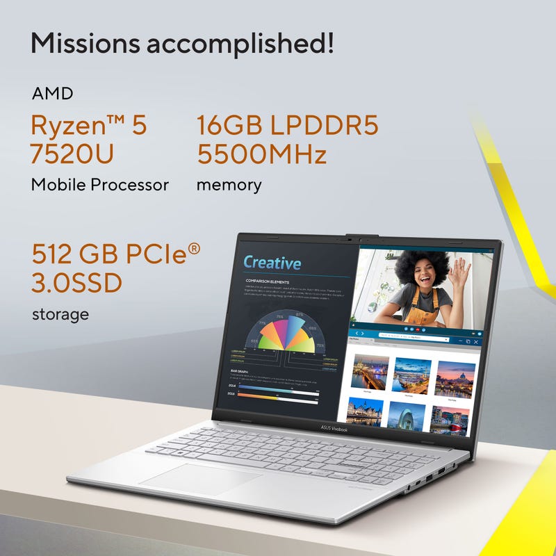 ASUS VIVOBOOK GO 15 AMD RYZEN 5 7520U / 16GB LPDDR5 / 512GB PCIE 3.0 SSD / 15.6-INCH / FHD (1920 X 1080) 16:9 /COOL SILVER /WIN 11 HOME / MS OFFICE LAPTOP E1504FA-NJ541WS