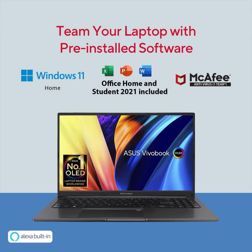 ASUS VIVOBOOK 15 OLED INTEL CORE I3 12TH GEN 1215U - (8 GB/512 GB SSD/WINDOWS 11 HOME) X1505ZA-L1311WS THIN AND LIGHT LAPTOP (15.6 INCH, INDIE BLACK, 1.7 KG, WITH MS OFFICE)