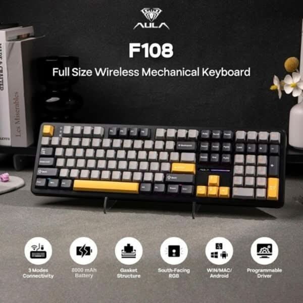 AULA F108 Tri-Mode Wireless Mechanical Gaming Keyboard, Grey and Yellow, Volcanic Axis Linear Switch, RGB, Hot-Swappable, Full Size