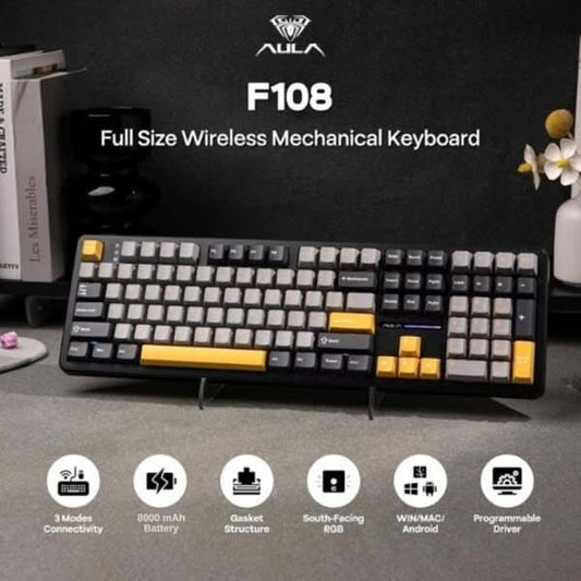 AULA F108 Tri-Mode Wireless Mechanical Gaming Keyboard, Grey and Yellow, Volcanic Axis Linear Switch, RGB, Hot-Swappable, Full Size