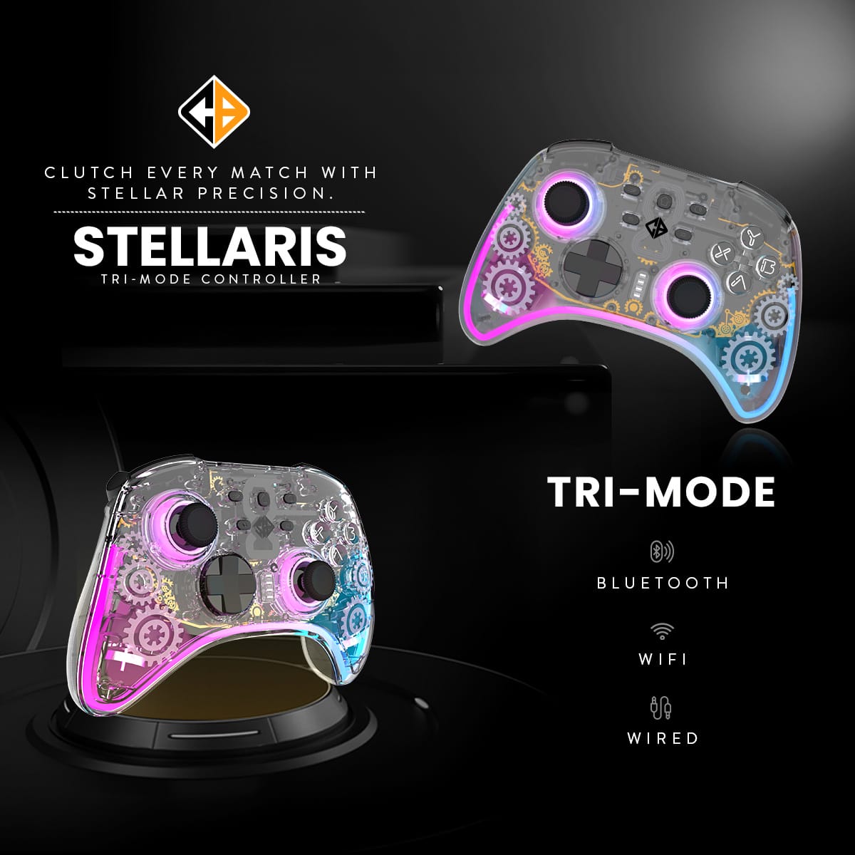 Cosmic Byte Stellaris Tri-Mode Wireless-Bluetooth-Wired Controller for PC, iOS, Android, Hall effect Trigger, Upgraded 1000Hz Polling Rate, TMR Joystick Transparent