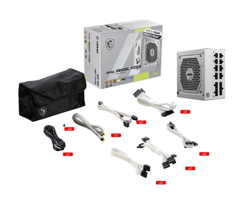 MSI MAG A850GL PCIE5 ATX 3.1 GOLD FULLY MODULAR SMPS WHITE