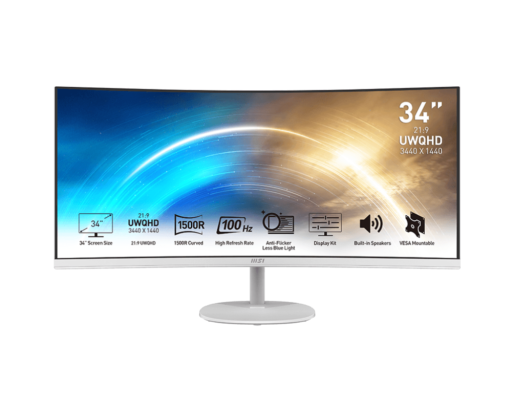 MSI PRO MP341CQW 34- INCH 2K UWQHD 3440X1440 MONITOR - 3440 X 1440 PROFESSIONAL CURVED MONITOR WITH 100HZ REFRESH RATE, ANTI-GLARE & ANTI-FLICKER TECHNOLOGY PC MONITOR FOR DESKTOP, VESA, WHITE