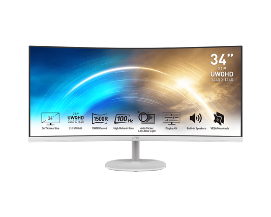 MSI PRO MP341CQW 34- INCH 2K UWQHD 3440X1440 MONITOR - 3440 X 1440 PROFESSIONAL CURVED MONITOR WITH 100HZ REFRESH RATE, ANTI-GLARE & ANTI-FLICKER TECHNOLOGY PC MONITOR FOR DESKTOP, VESA, WHITE