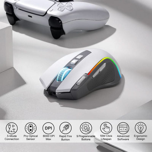 Redragon Predator Pro M612 PRO - RGB Wired, Wireless and Bluetooth Mouse (White and Grey)
