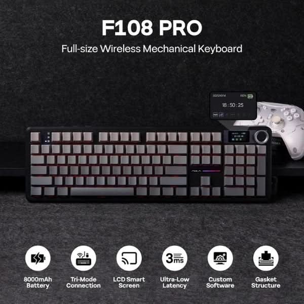 AULA F108 Pro Wireless Mechanical Gaming Keyboard, Gradient Gray, Nimbus Linear Switch, RGB, LCD Screen and Knob