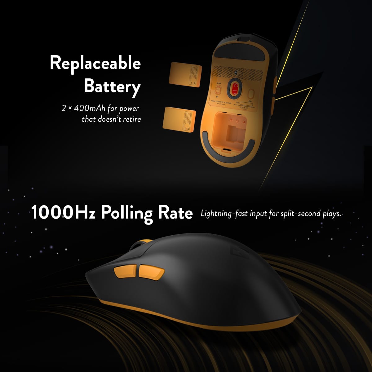 Cosmic Byte Aether Tri Mode Gaming Mouse, PixArt 3311 Sensor, Optical Switches, Replaceable Battery, Black