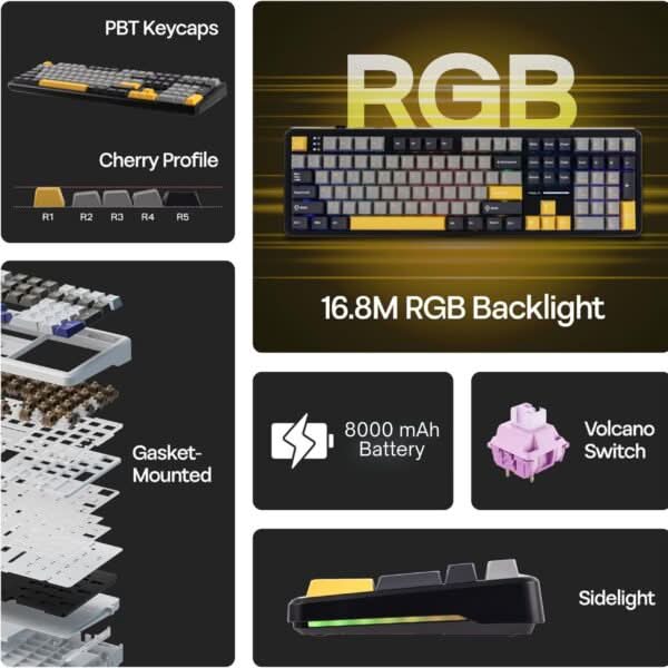 AULA F108 Tri-Mode Wireless Mechanical Gaming Keyboard, Grey and Yellow, Volcanic Axis Linear Switch, RGB, Hot-Swappable, Full Size