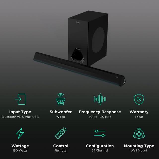 Boat Aavante Bar Aura 160W Bluetooth Soundbar with Remote (Black)