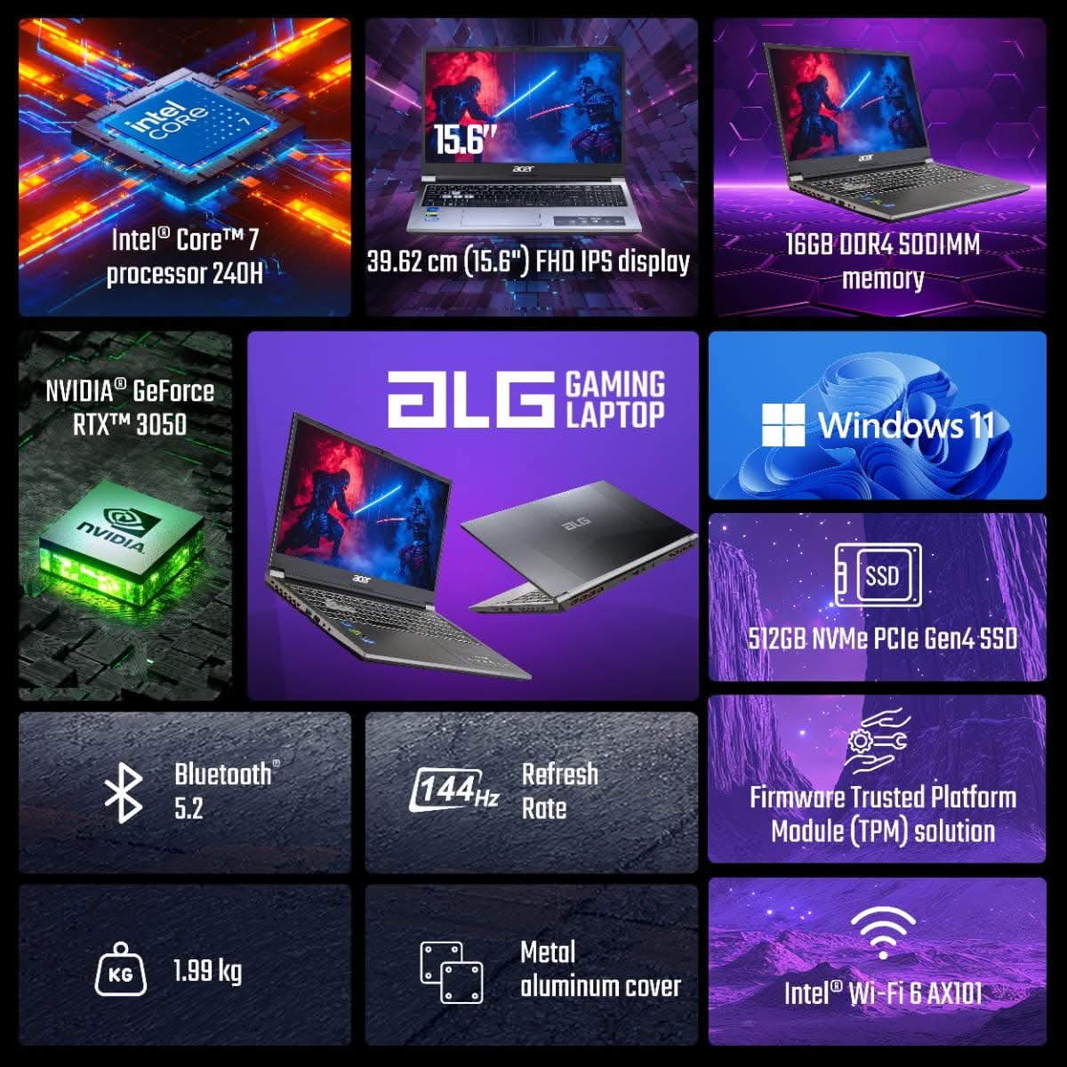 Acer ALG UN.34LSI.014, Intel Core 7-240H, RTX 3050-6GB GDDR6, 16 GB RAM, 512 GB SSD, FHD 15.6 inches 144Hz, Windows 11 Home plus MS Office, Titanium Gray, 1.99kg, AL15G-53
