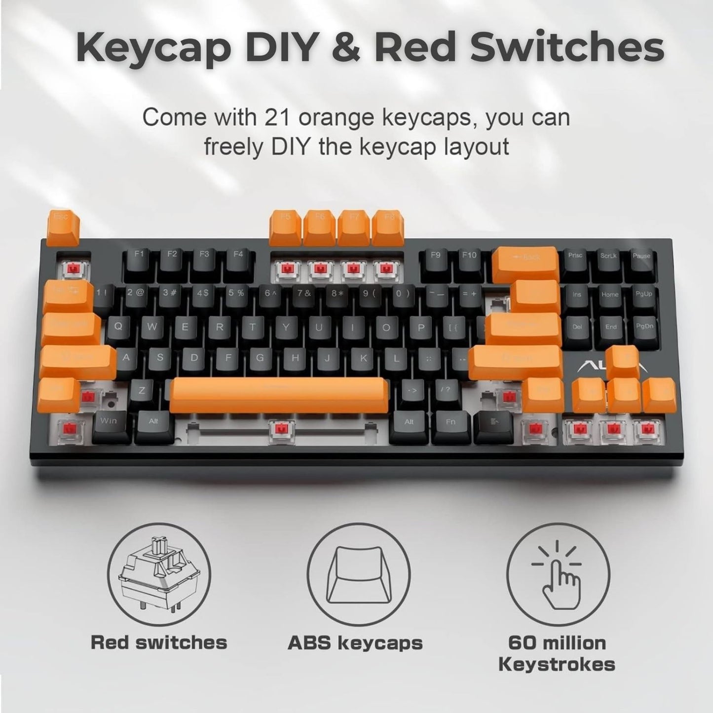 AULA F3032 Wired RGB Backlight Mechanical Gaming Keyboard | 87 Keys Compact, Unique 11 Side Light, 60 Million Keystroke, Detachable Wired Computer Keyboards for Windows PC | Orange + Black, Red Switch