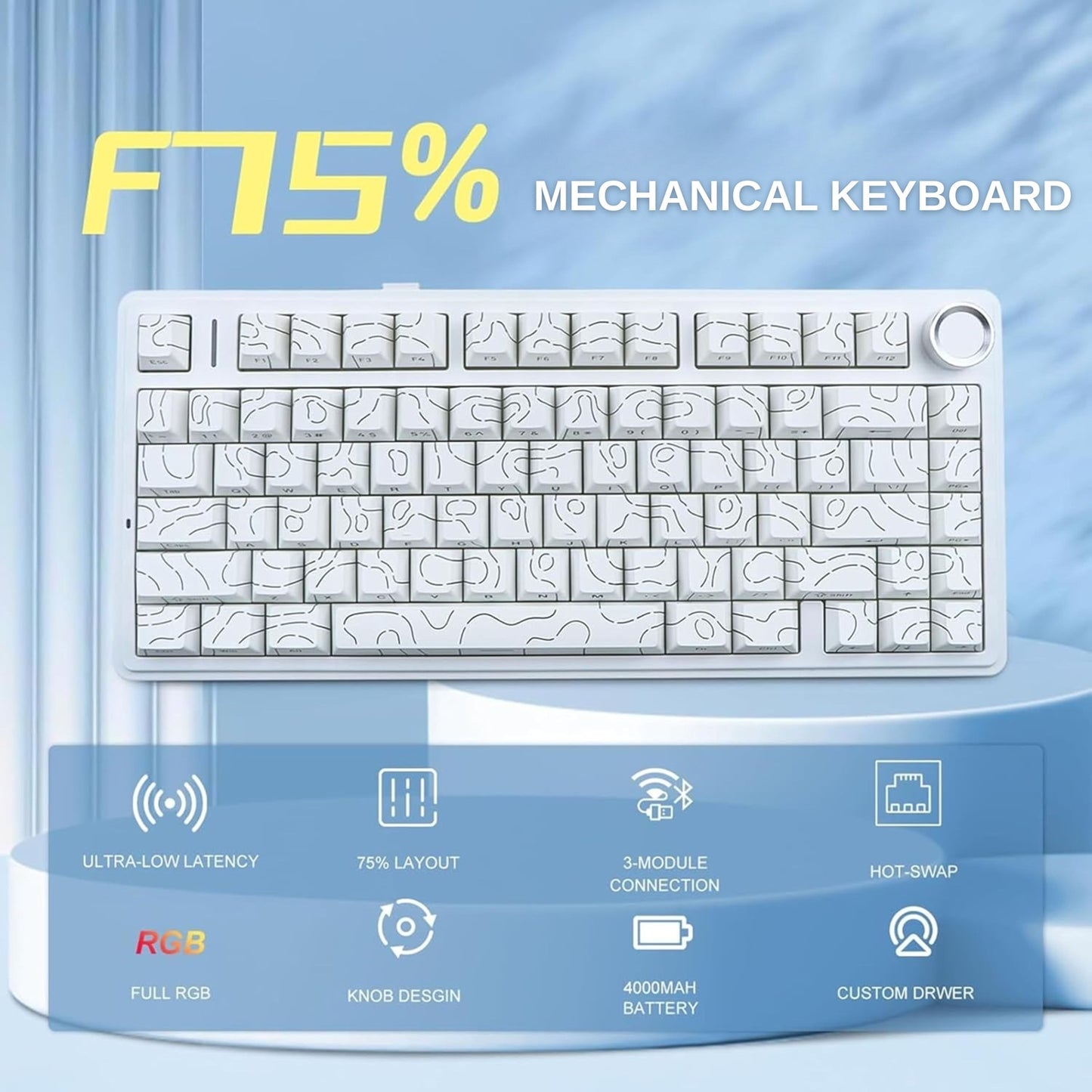 AULA F75 75% Side Engraved Tri Mode TKL 80 Keys Wireless Mechanical Gaming Keyboard With Knob | 4000mAh Battery, South-Facing RGB Backlit Pre-Lubed Hot Swappable | White Contour - Star Vector Switches