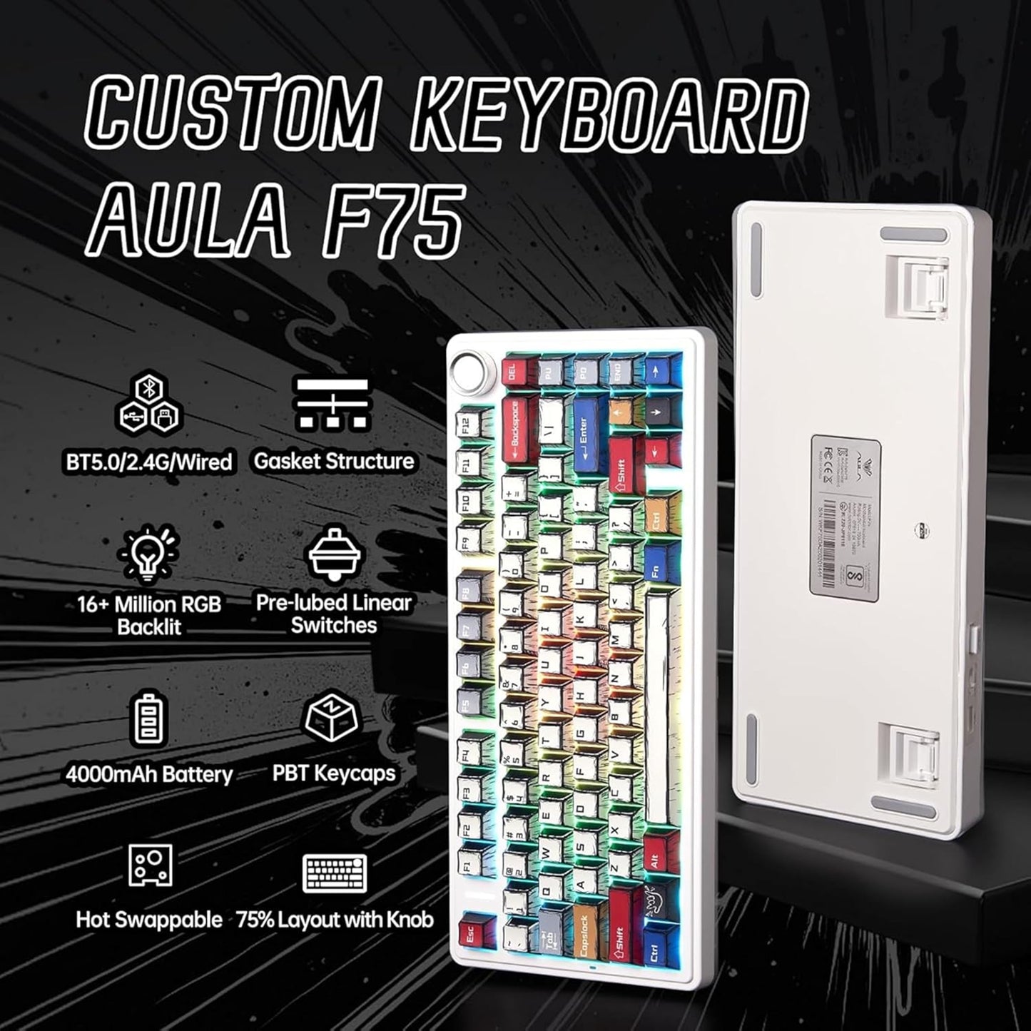 Aula F75 75% Wireless RGB Backlit Tri-Mode Gaming Mechanical Keyboard with Knob | 80 Keys Compact Keyboard, Pre-lubed Gasket Hot-Swappable | Bluetooth/2.4GHz/Type-C | Comic Keycap - Reaper Switches