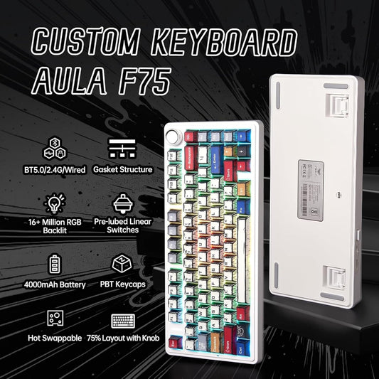 Aula F75 75% Wireless RGB Backlit Tri-Mode Gaming Mechanical Keyboard with Knob | 80 Keys Compact Keyboard, Pre-lubed Gasket Hot-Swappable | Bluetooth/2.4GHz/Type-C | Comic Keycap - Reaper Switches
