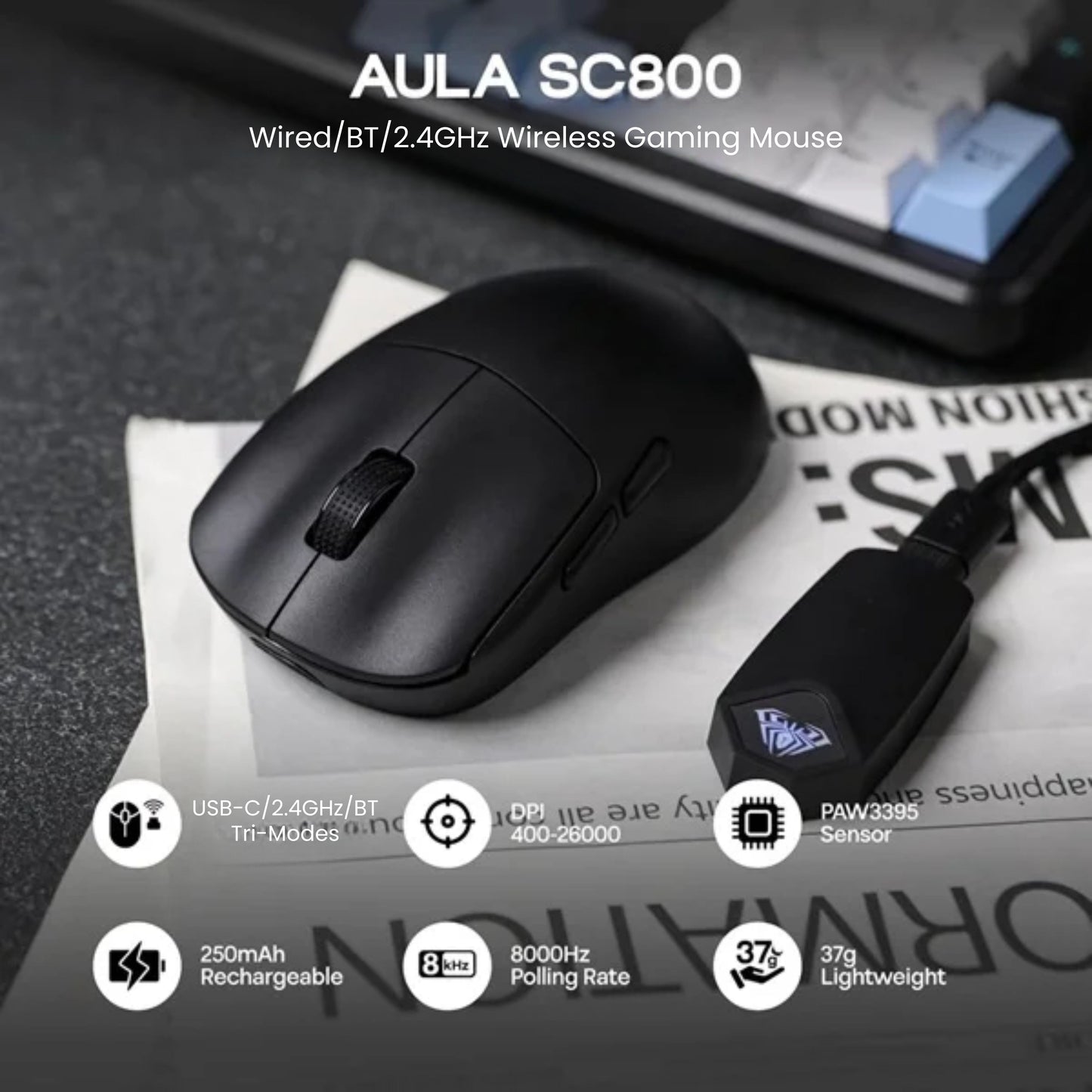 AULA SC800 Tri-Mode Wireless 2.4G/Wired/Bluetooth Ultra-Lightweight Gaming Mouse | 37grams, Adjustable 26000 DPI, PAW3395 Sensor, 8000 Polling Rate, Ultra-Precise & Durable for Gaming | Black (SC800B)