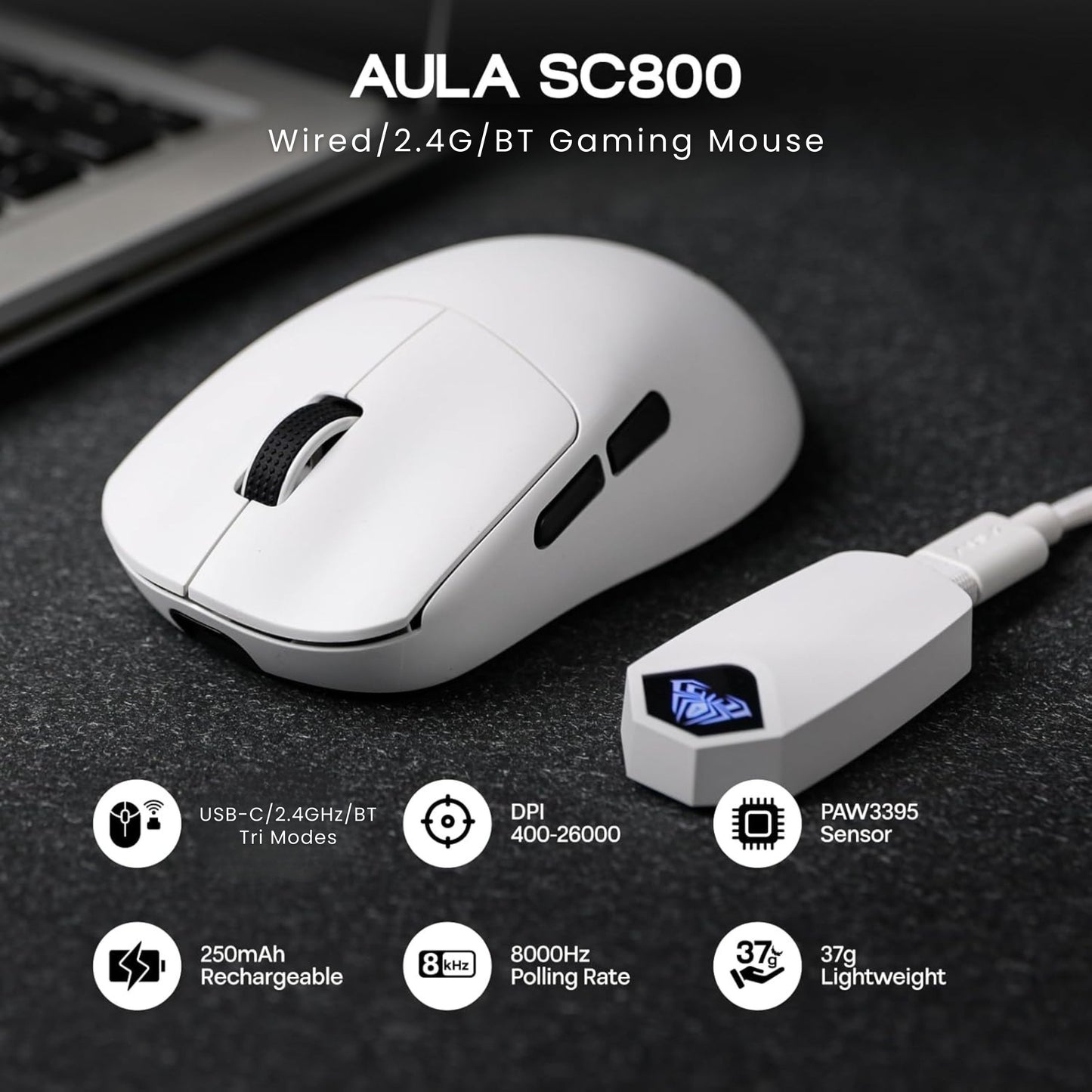 AULA SC800 Tri-Mode(2.4GHz/BT/Wired) Ultra-Lightweight Gaming Mouse | 37grams, Adjustable 26000 DPI, PAW3395 Sensor, 8000 Polling Rate, Ultra-Precise & Durable for Gaming & Office Use | White (SC800W)