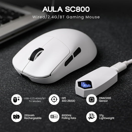 AULA SC800 Tri-Mode(2.4GHz/BT/Wired) Ultra-Lightweight Gaming Mouse | 37grams, Adjustable 26000 DPI, PAW3395 Sensor, 8000 Polling Rate, Ultra-Precise & Durable for Gaming & Office Use | White (SC800W)