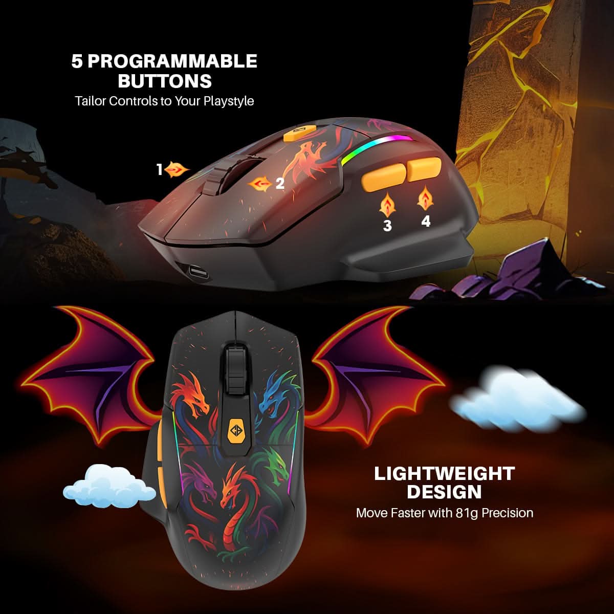 Cosmic Byte Helios Tri-Mode Mouse with Software Support, 1000Hz Polling Rate Dragon Edition Black