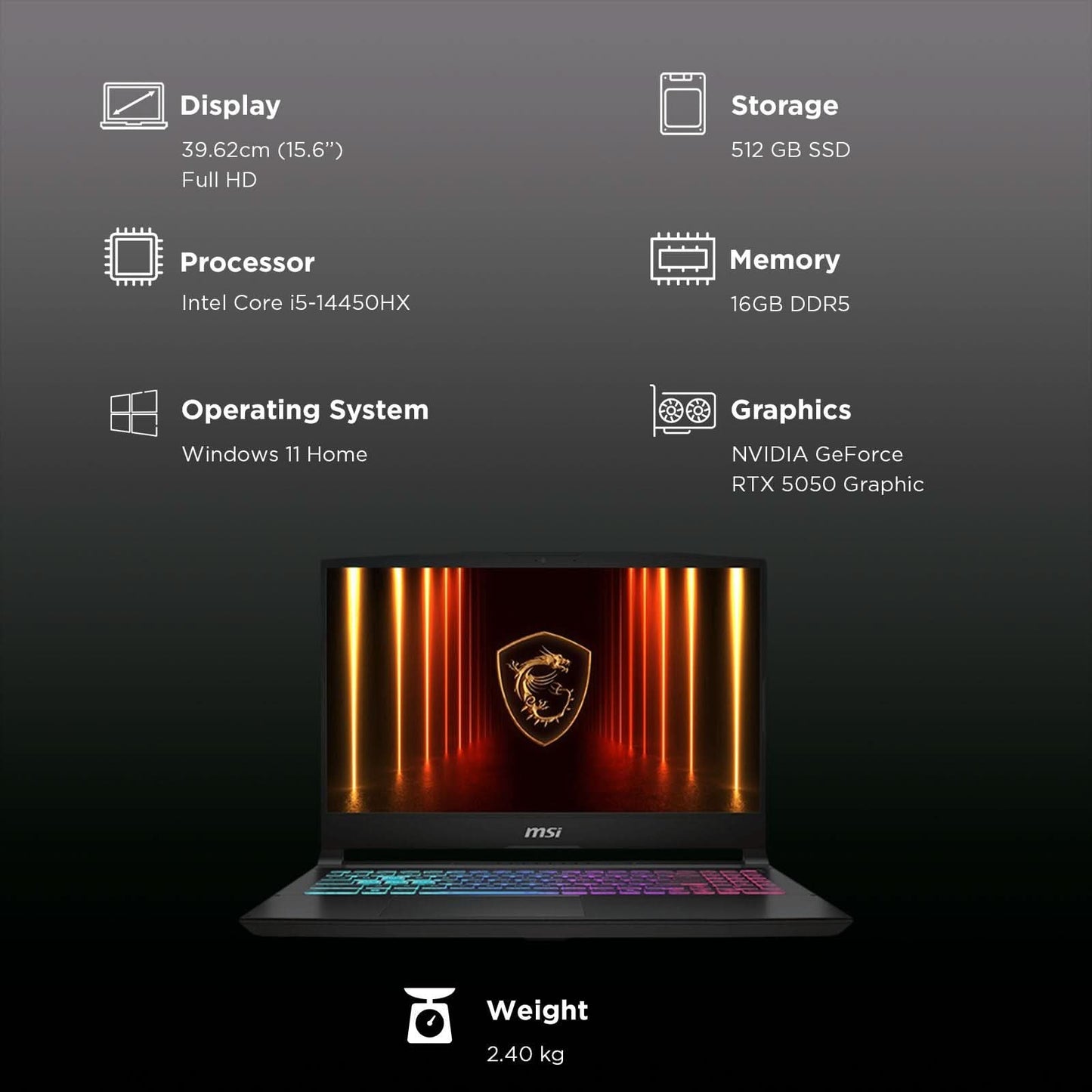 MSI Katana 15 HX B14WEK-642IN Intel Core i5 14th Gen Gaming Laptop 16GB, 512GB SSD, Windows 11 Home, 8GB Graphics, 15.6 inch 144 Hz Full HD Display, NVIDIA GeForce RTX 5050, MS Office Home 2024, Black, 2.55 KG