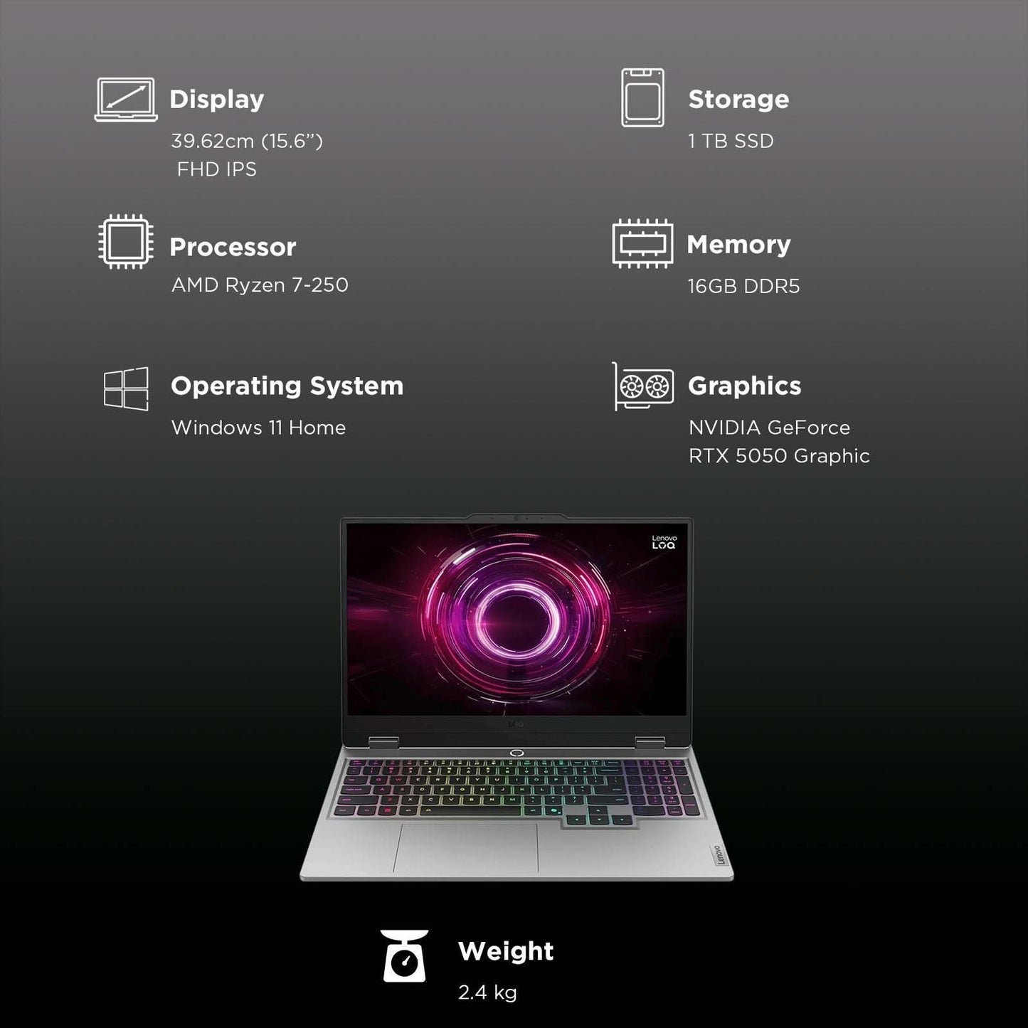Lenovo LOQ 15AHP10 AMD Ryzen 7 Gaming Laptop (16GB, 1TB SSD, Windows 11 Home, 8GB Graphics, 15.6 Inch 144 Hz Full HD IPS Display, NVIDIA GeForce RTX 5050, Luna Grey, 2.4 KG)