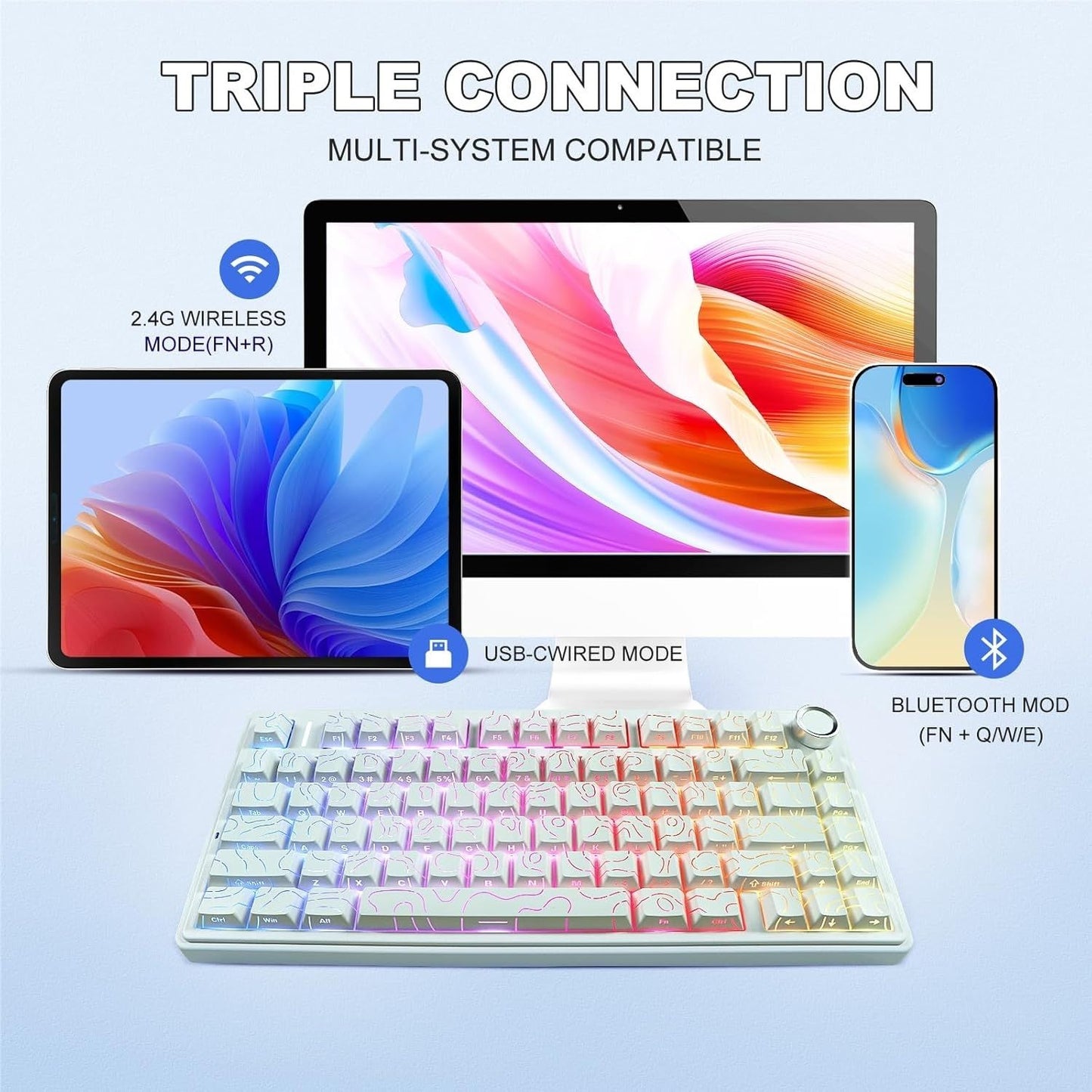AULA F75 75% Side Engraved Tri Mode TKL 80 Keys Wireless Mechanical Gaming Keyboard With Knob | 4000mAh Battery, South-Facing RGB Backlit Pre-Lubed Hot Swappable | White Contour - Star Vector Switches