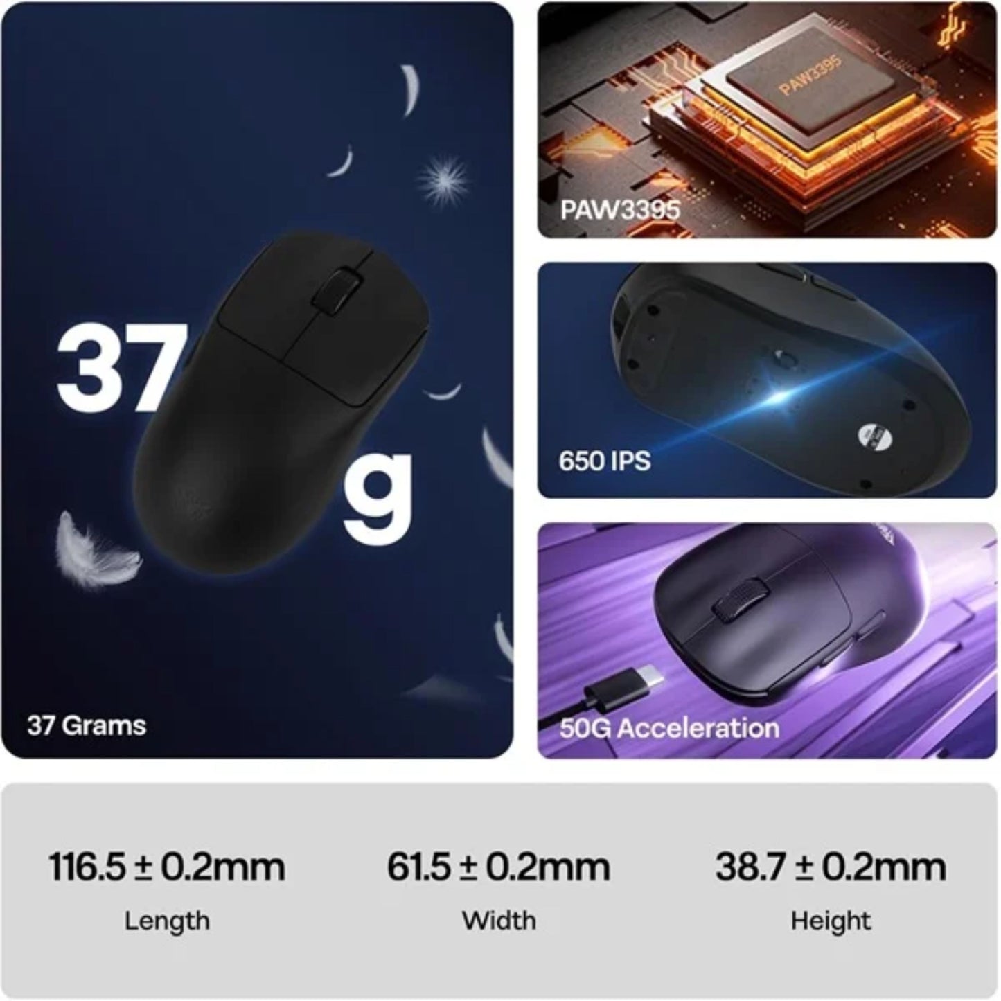 AULA SC800 Tri-Mode Wireless 2.4G/Wired/Bluetooth Ultra-Lightweight Gaming Mouse | 37grams, Adjustable 26000 DPI, PAW3395 Sensor, 8000 Polling Rate, Ultra-Precise & Durable for Gaming | Black (SC800B)