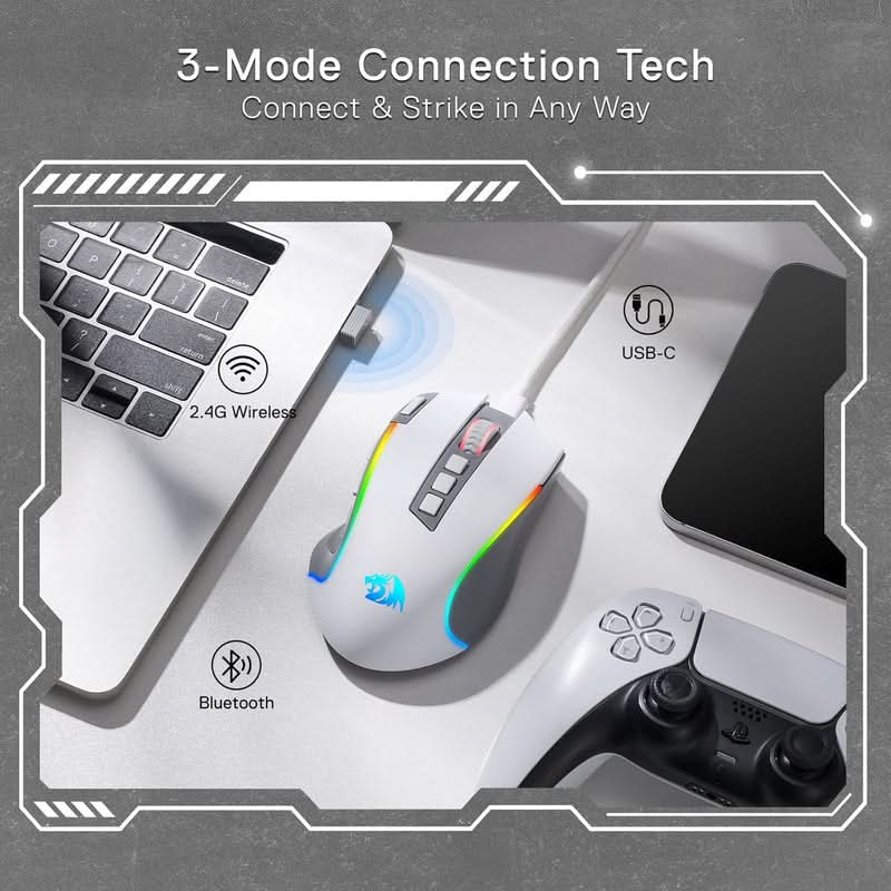 Redragon Predator Pro M612 PRO - RGB Wired, Wireless and Bluetooth Mouse (White and Grey)