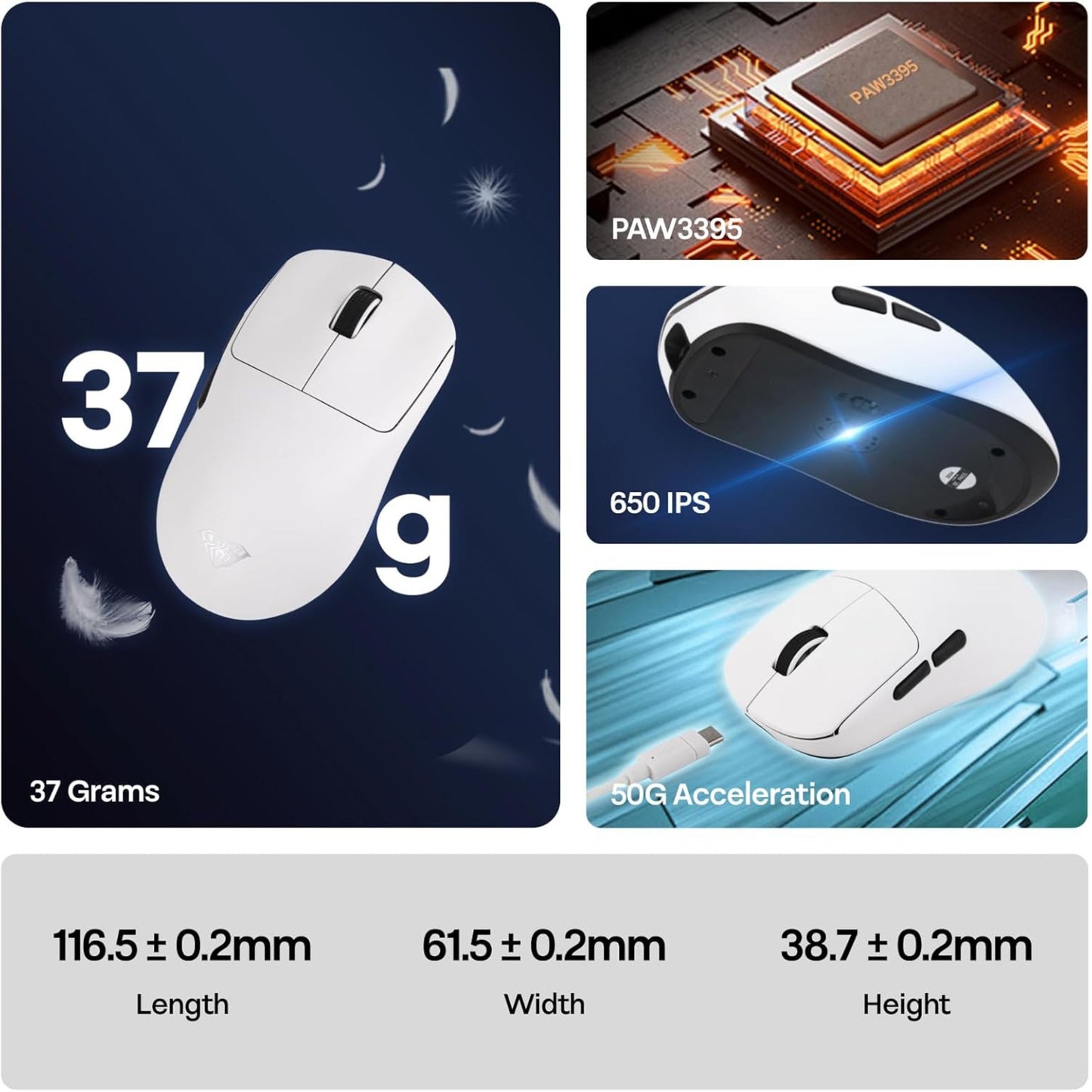 AULA SC800 Tri-Mode(2.4GHz/BT/Wired) Ultra-Lightweight Gaming Mouse | 37grams, Adjustable 26000 DPI, PAW3395 Sensor, 8000 Polling Rate, Ultra-Precise & Durable for Gaming & Office Use | White (SC800W)