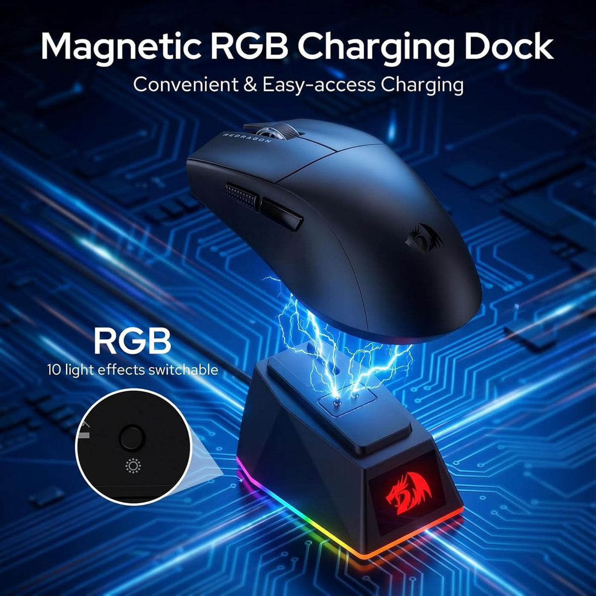 Redragon King Ultra M999 Tri-Mode Wireless Gaming Mouse with Magnetic RGB Charging Dock, 45000 DPI, Black