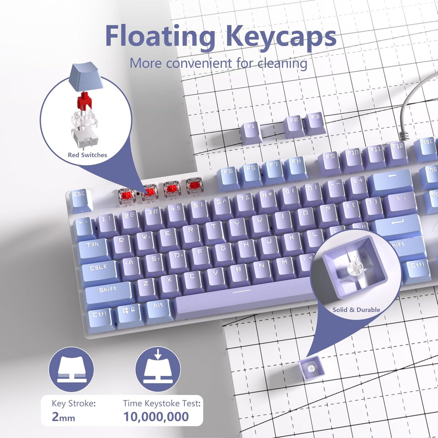 AULA F2088Pro Full Size USB Wired Mechanical Gaming Keyboard with Media Knob | RGB Rainbow Backlit, Removable Upper Cover, 108 Programmable Keys Keyboards for Mac/Windows | Purple, Red Switches