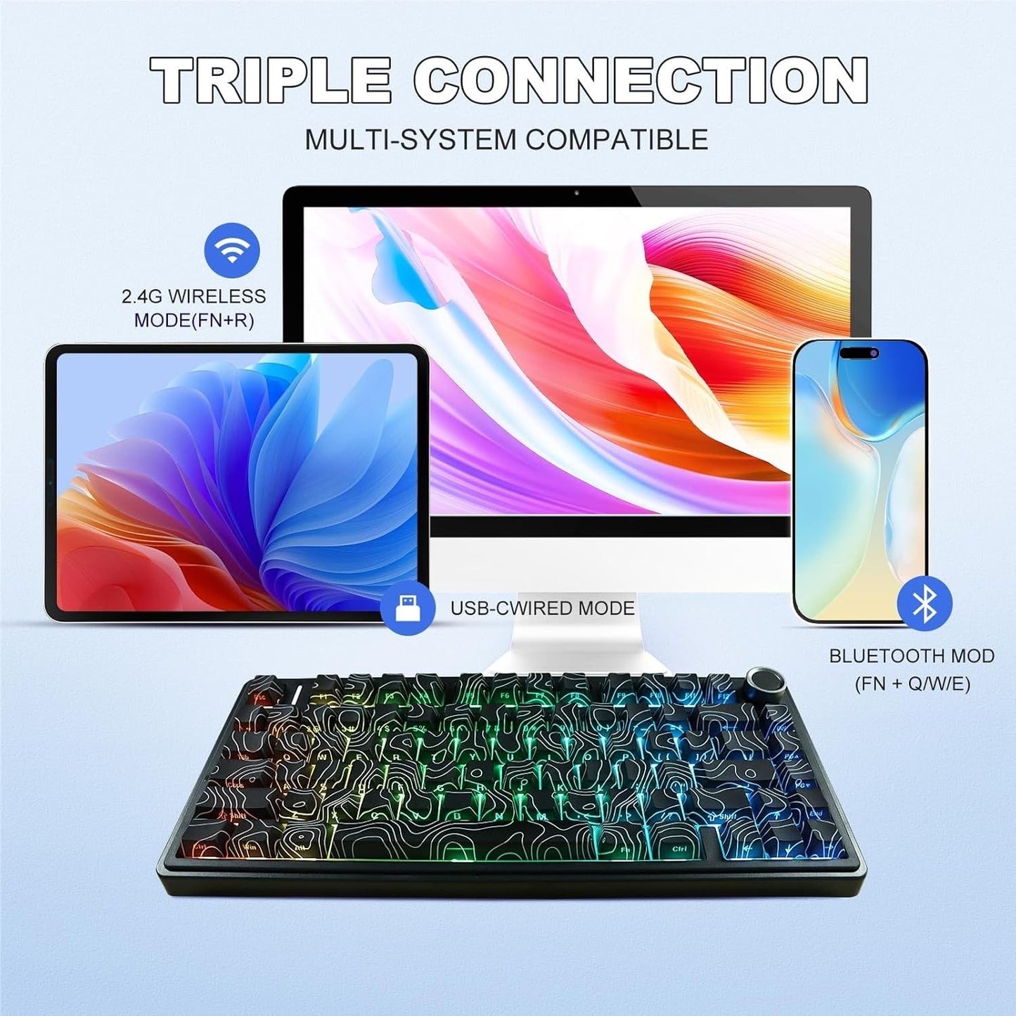 AULA F75 75% Side Engraved Tri Mode TKL 80 Keys Wireless Mechanical Gaming Keyboard With Knob | 4000mAh Battery, South-Facing RGB Backlit Pre-Lubed Hot Swappable | Black Contour - Star Vector Switches