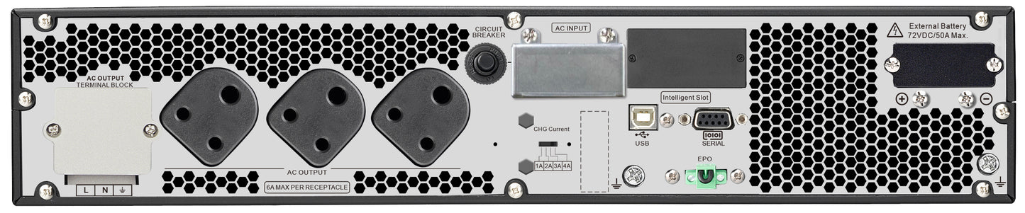 APC Easy UPS On-Line SRV3KRIL-IN - 3000VA/ 2400W |230V | 3 India 3-pin 6A + 1x Hard wire 3-wire(1P+ N+E) Outlets | Rackmount 4U | Intelligent Card Slot | Visual LCD and Audible Alarms | Extended runtime, W/O rail kit | 2 years Warranty