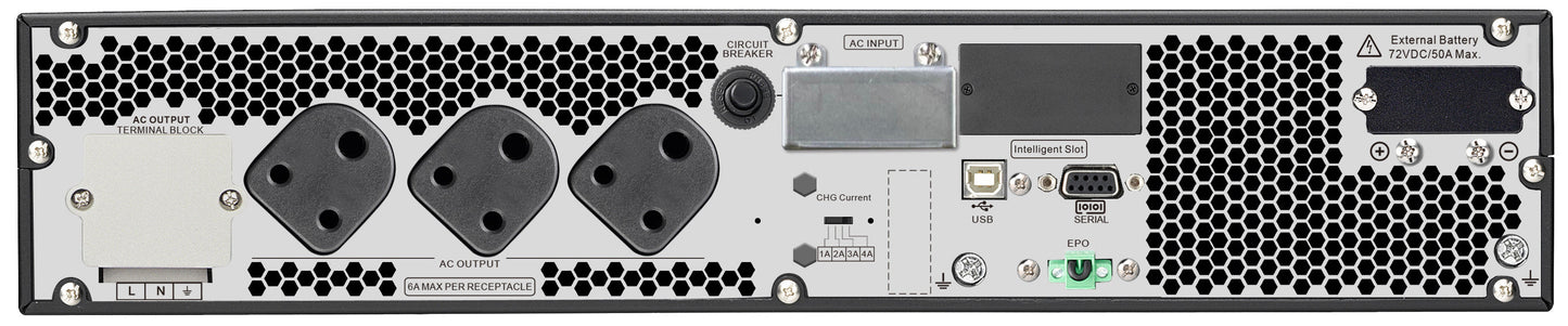 APC Easy UPS On-Line SRV3KRIL-IN - 3000VA/ 2400W |230V | 3 India 3-pin 6A + 1x Hard wire 3-wire(1P+ N+E) Outlets | Rackmount 4U | Intelligent Card Slot | Visual LCD and Audible Alarms | Extended runtime, W/O rail kit | 2 years Warranty