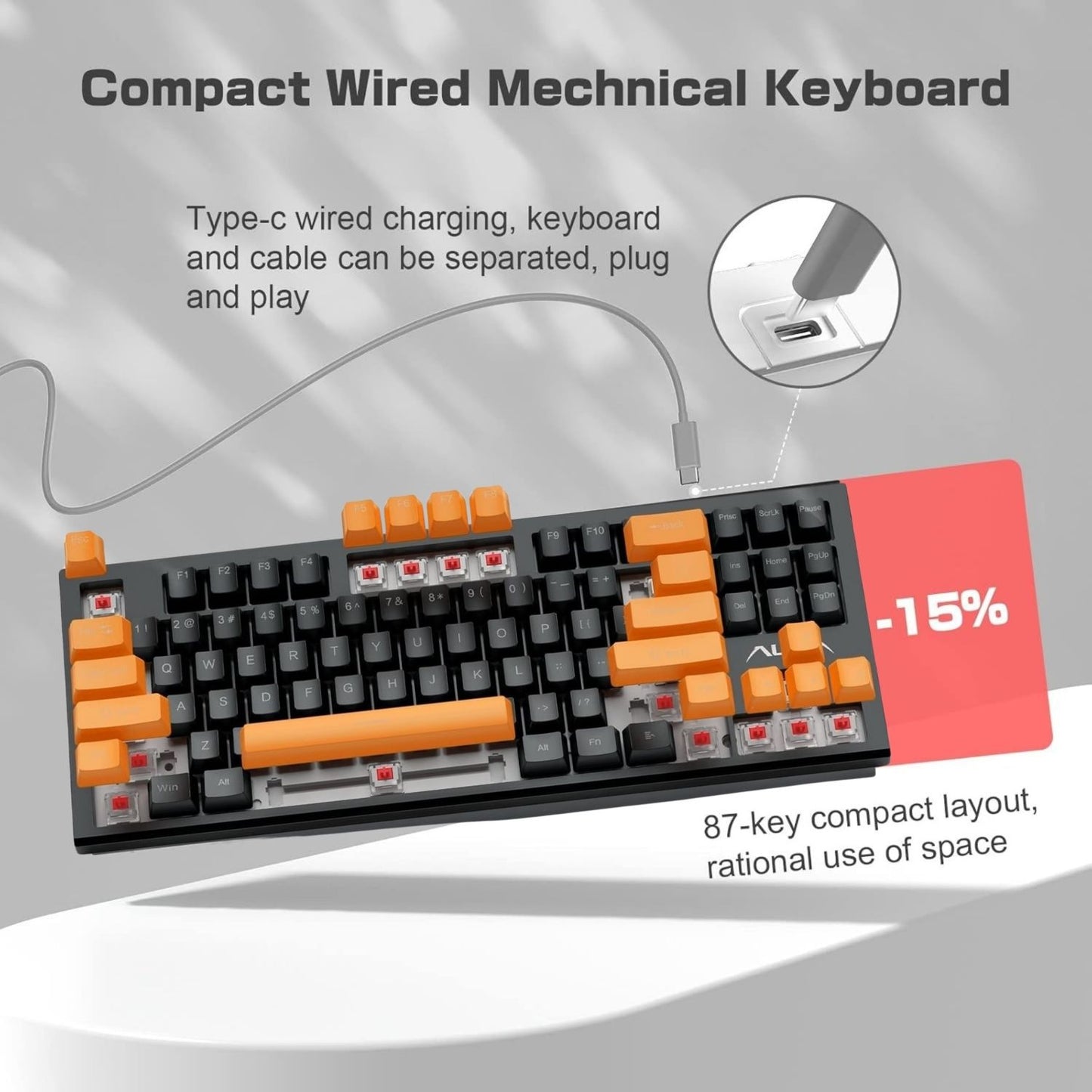 AULA F3032 Wired RGB Backlight Mechanical Gaming Keyboard | 87 Keys Compact, Unique 11 Side Light, 60 Million Keystroke, Detachable Wired Computer Keyboards for Windows PC | Orange + Black, Red Switch
