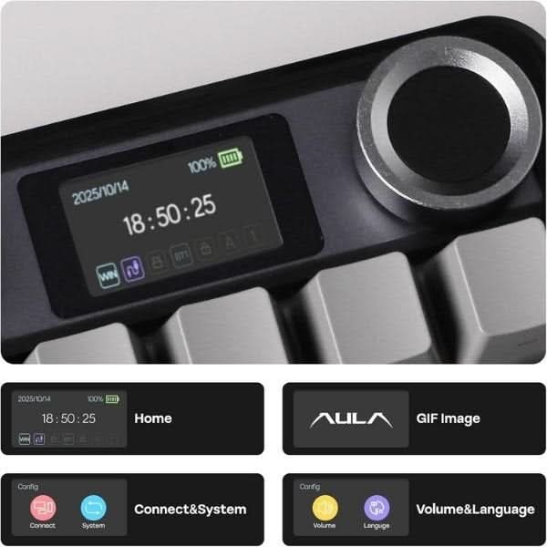 AULA F108 Pro Wireless Mechanical Gaming Keyboard, Gradient Gray, Nimbus Linear Switch, RGB, LCD Screen and Knob