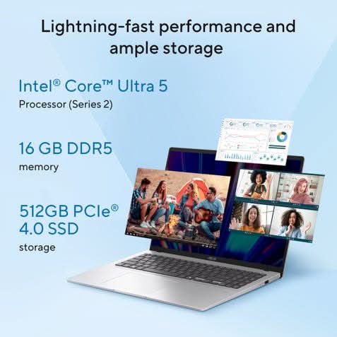 ASUS Vivobook 16 X1607CA-MB350WS, Intel Core Ultra 5 225H, 16GB RAM, 512GB SSD, Intel Graphics, 16 inch FHD+, Windows 11 Home, Office Home 2024, M365 Basic-1 Year Validity, AI Powered Light Weight Laptop, 1 Year(s) Warranty, Silver