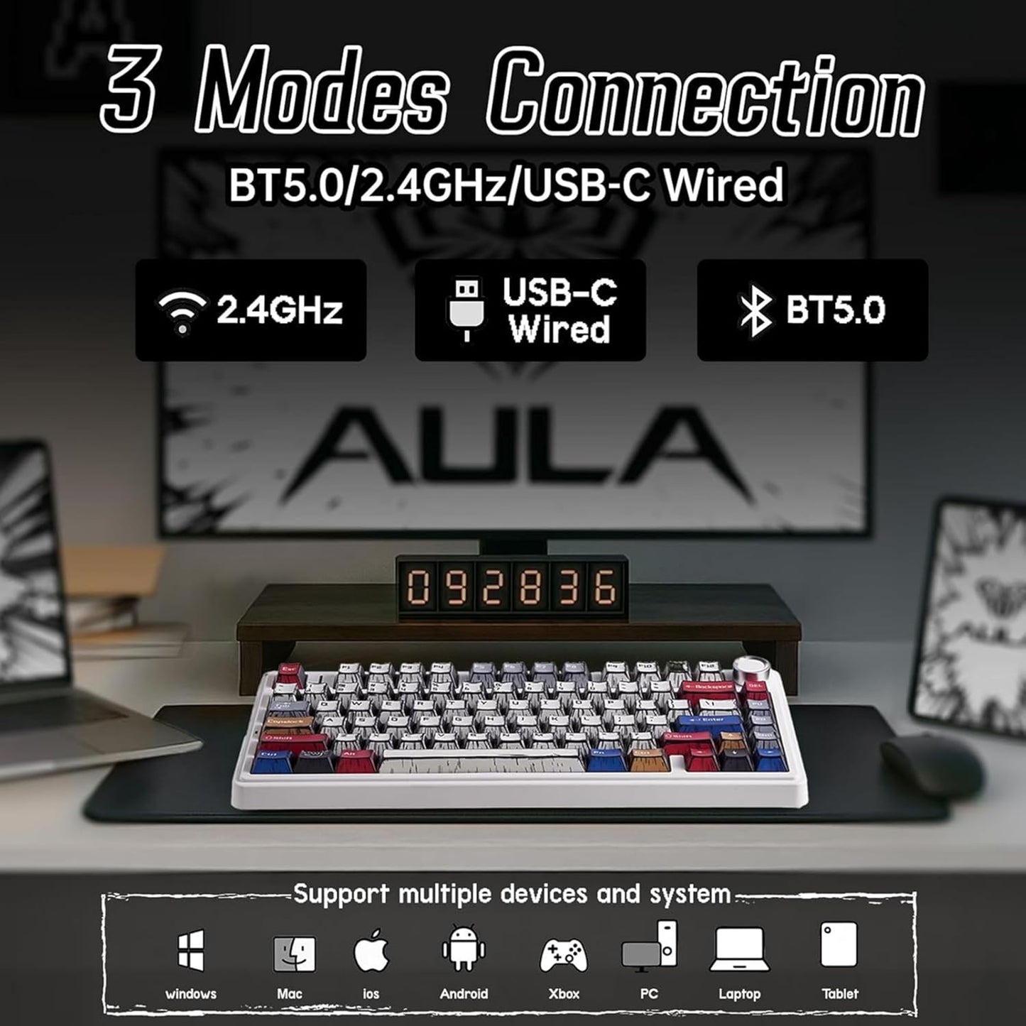 Aula F75 75% Wireless RGB Backlit Tri-Mode Gaming Mechanical Keyboard with Knob | 80 Keys Compact Keyboard, Pre-lubed Gasket Hot-Swappable | Bluetooth/2.4GHz/Type-C | Comic Keycap - Reaper Switches