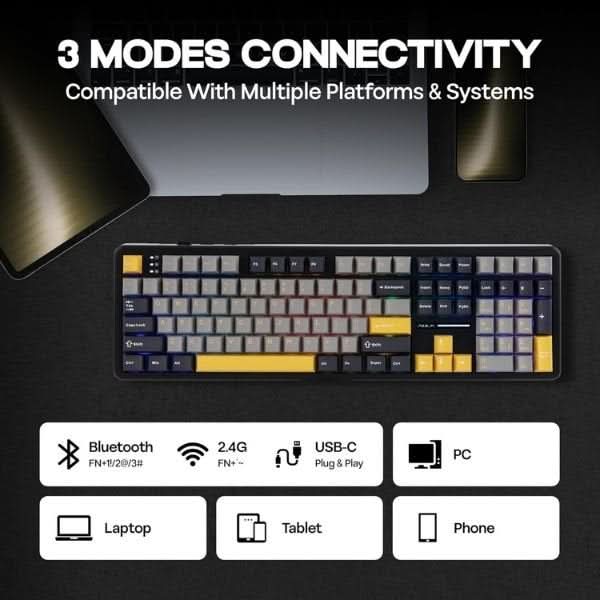 AULA F108 Tri-Mode Wireless Mechanical Gaming Keyboard, Grey and Yellow, Volcanic Axis Linear Switch, RGB, Hot-Swappable, Full Size